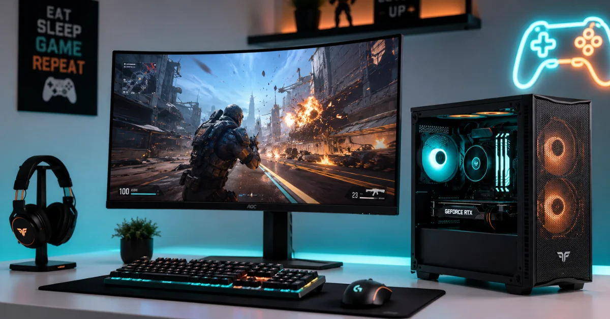 A modern budget gaming PC setup with RGB lighting and high-refresh monitor